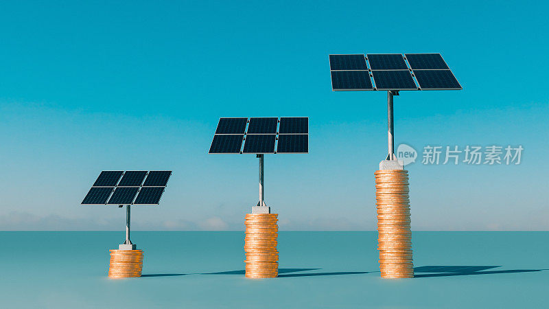 太阳能电池板矗立在三叠金币上