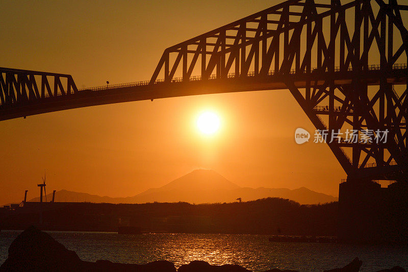 富士山上的日落，东京门桥下的景象:从东京若须海边公园看