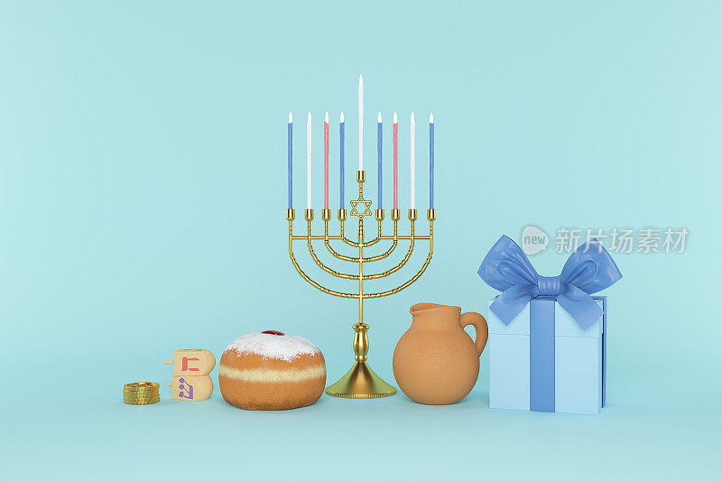 3d渲染的犹太人节日光明节与烛台或传统的烛台，gif盒子，罐子，金币和木制dredreels或旋转陀螺在蓝色背景上的图像。