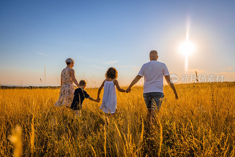 背对着天空，一家人一起在草地上散步的背影