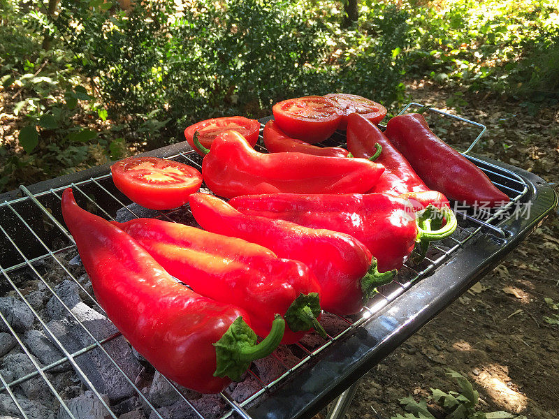 红辣椒和西红柿片在花园里的烧烤架上烹饪，烹饪红辣椒和西红柿