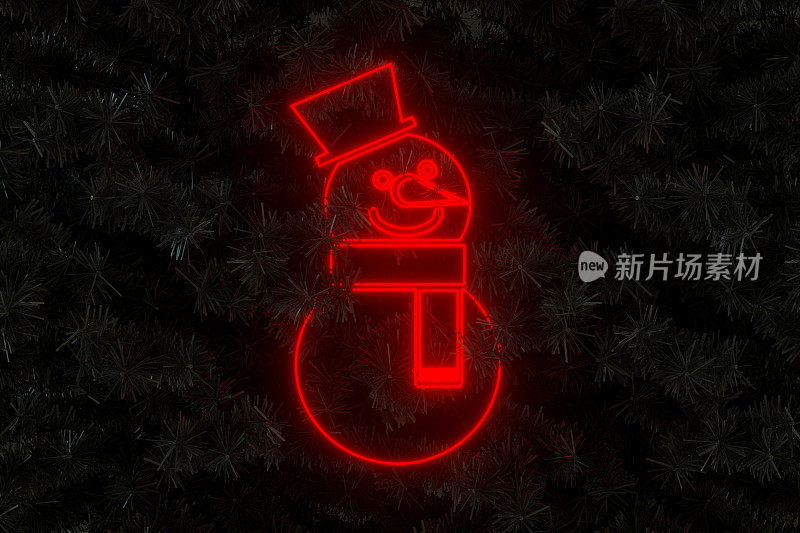 红色霓虹灯圣诞装饰雪人在黑色圣诞树新年背景