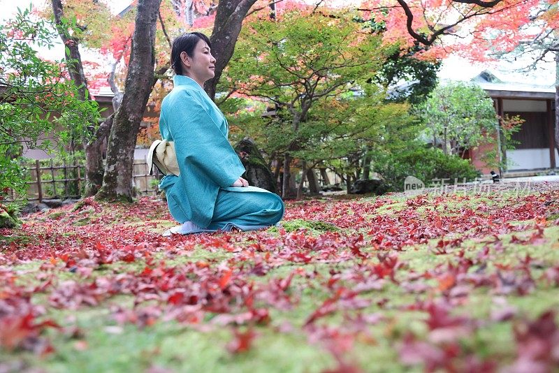 日本女子在传统的日本旅社花园冥想