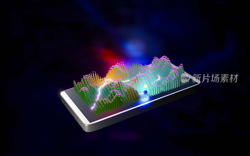在电子调查过程中，智能手机屏幕上投影的彩色3D数据图