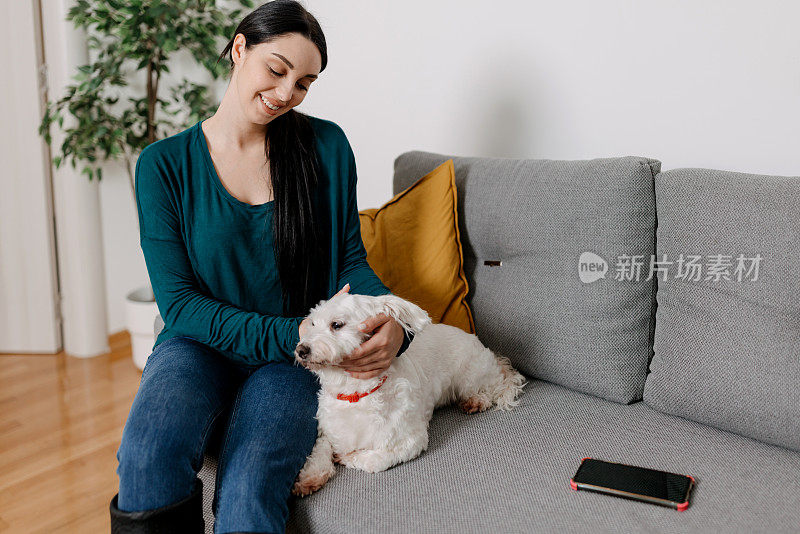 年轻女子喜欢和她的小马尔济斯犬坐在沙发上