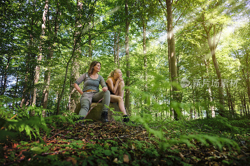 两个人坐在森林里的大石头上