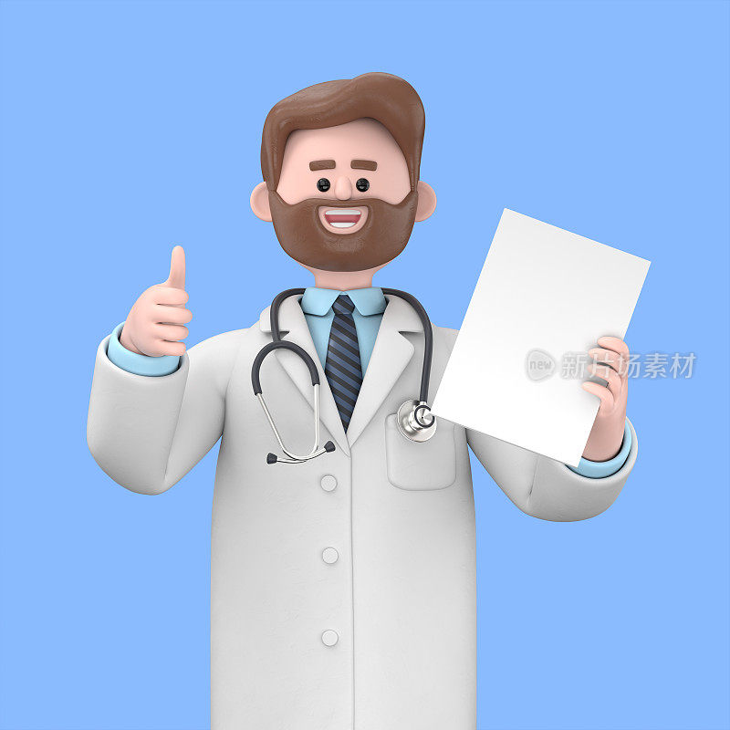 男医生艾弗森的三维插图拿着标书大拇指向上，医学演示剪贴画隔离在蓝色背景