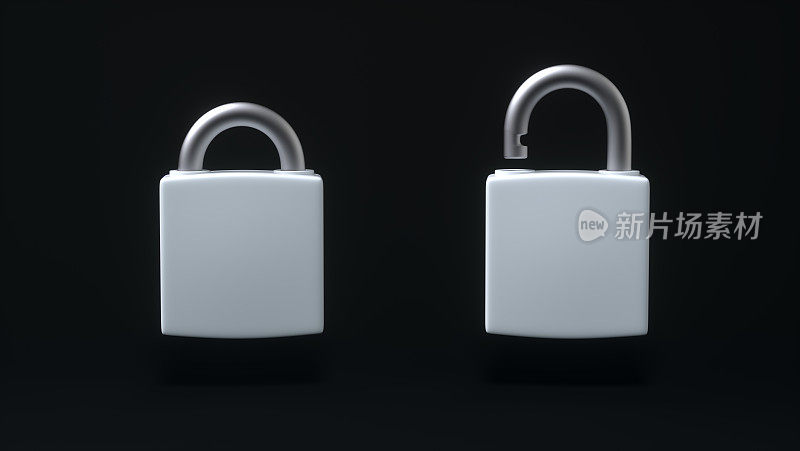 白色锁定和解锁挂锁隔离在黑色背景。卡通极简主义风格。安全的概念。