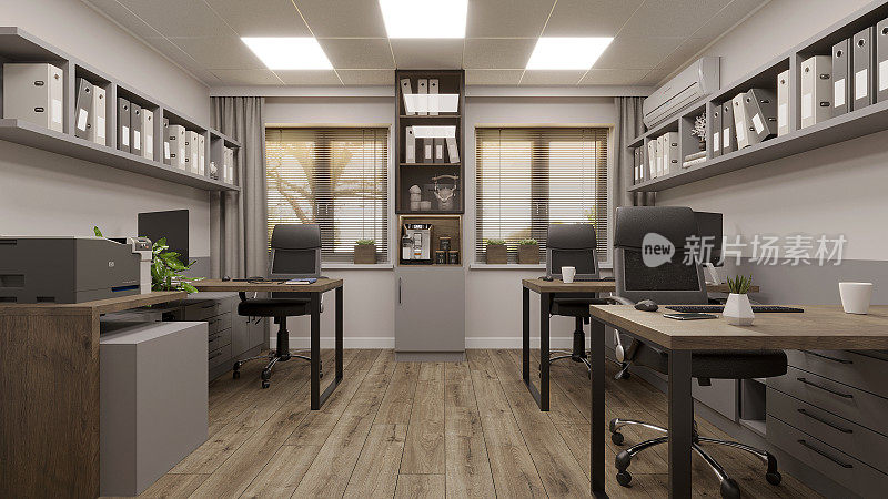 办公室室内设计以灰白色和木桌为主，采用阁楼风格