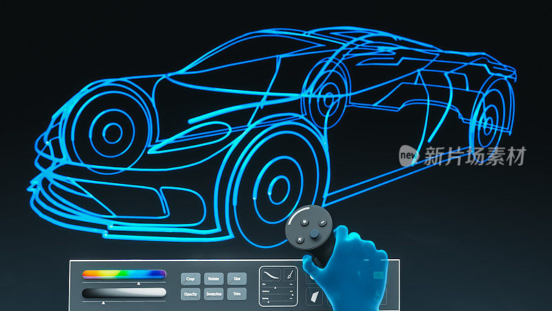 3D渲染:Metaverse图形设计软件。一个艺术家用光滑的蓝色数字线创造未来主义汽车形状的POV。汽车工程，未来用户界面，虚拟现实工作室
