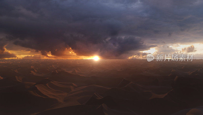 沙漠沙丘山在日落时分与闪电云，空中