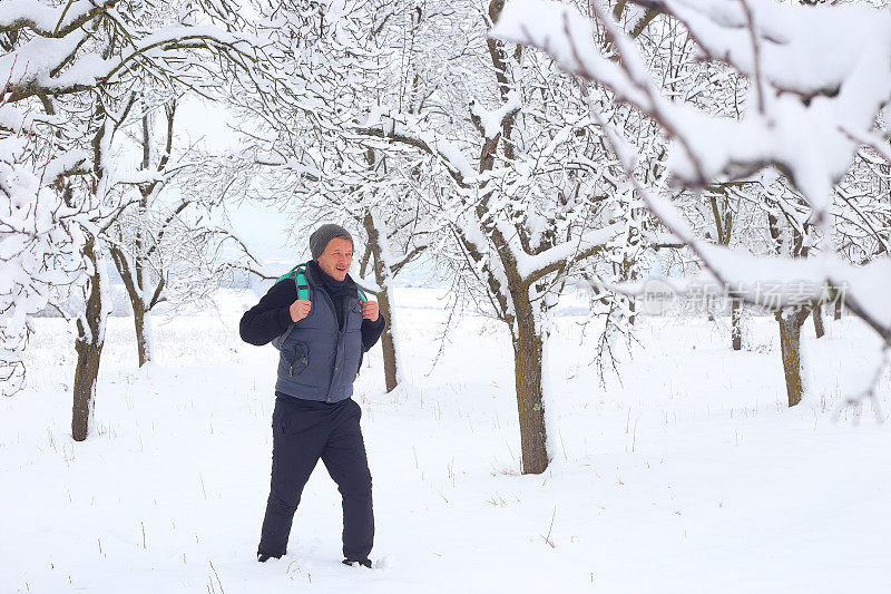 成年男子徒步旅行者戴着针织帽徒步在下雪的冬天的自然