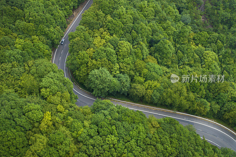 森林鸟瞰图中的道路曲线