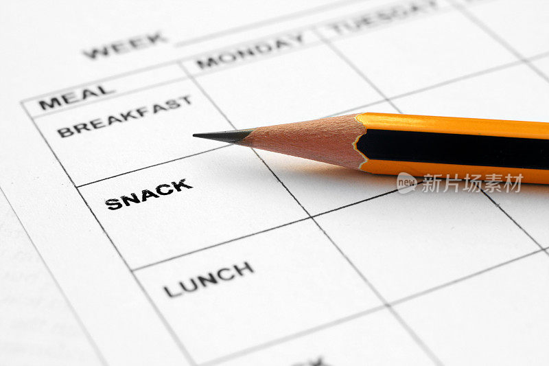 在一张空白的每周饮食计划上放着一支铅笔