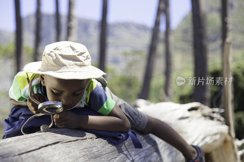 一个非洲男孩在原木上探索昆虫