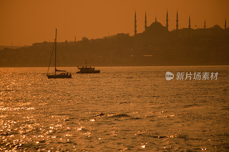 土耳其伊斯坦布尔蓝色清真寺前的船只