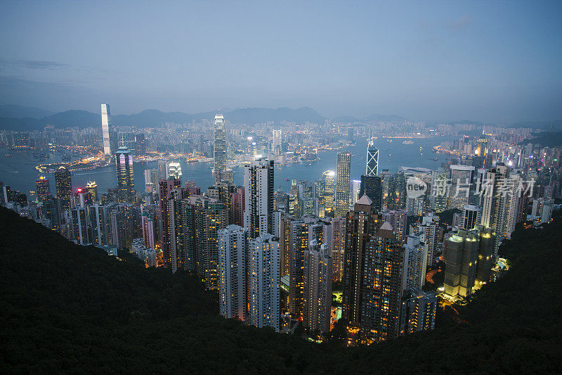 夜幕降临，香港的天际线