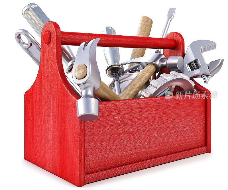红色木制工具箱和工具在白色背景