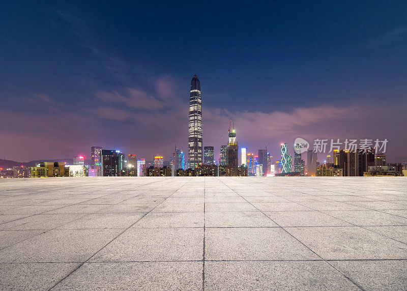香港现代建筑与空白地板、夜空与城市天际线