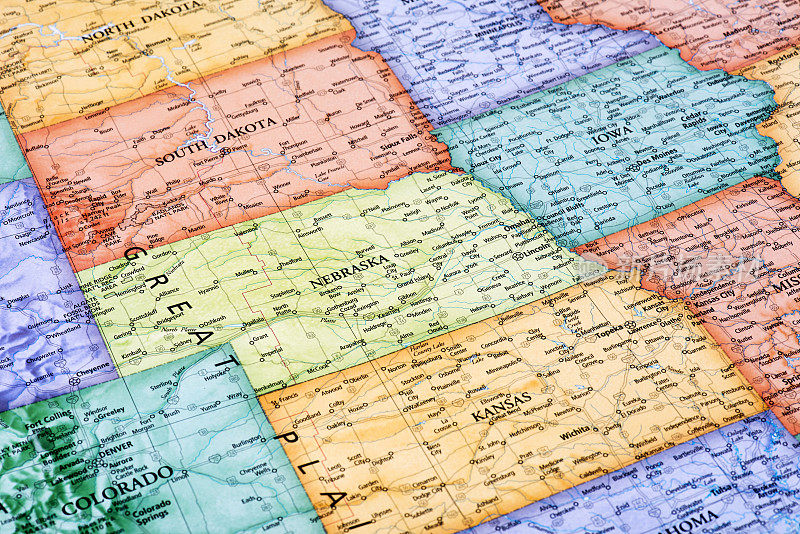 内布拉斯加州，南达科他州和堪萨斯州地图