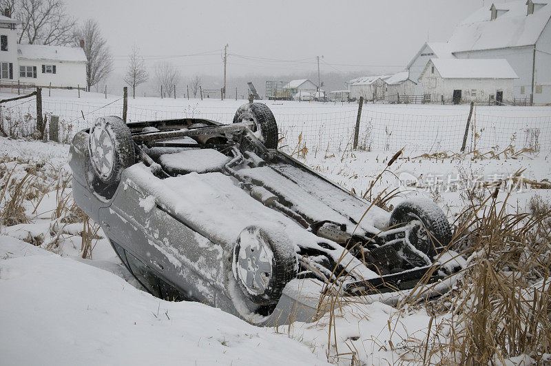 暴风雪中的倒置汽车
