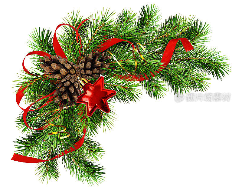 圣诞装饰用松枝、松果和红色丝带蝴蝶结
