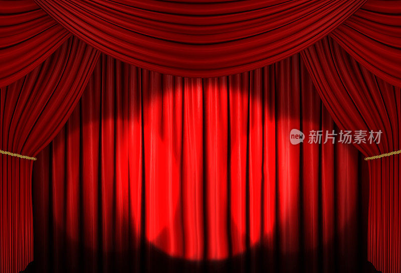 红色舞台窗帘与聚光灯，3d插图