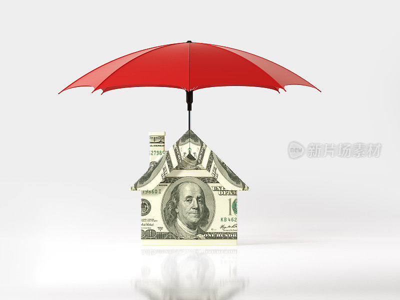 红色伞保护一个玩具房子纹理与美元在白色的背景:保险和储蓄的概念