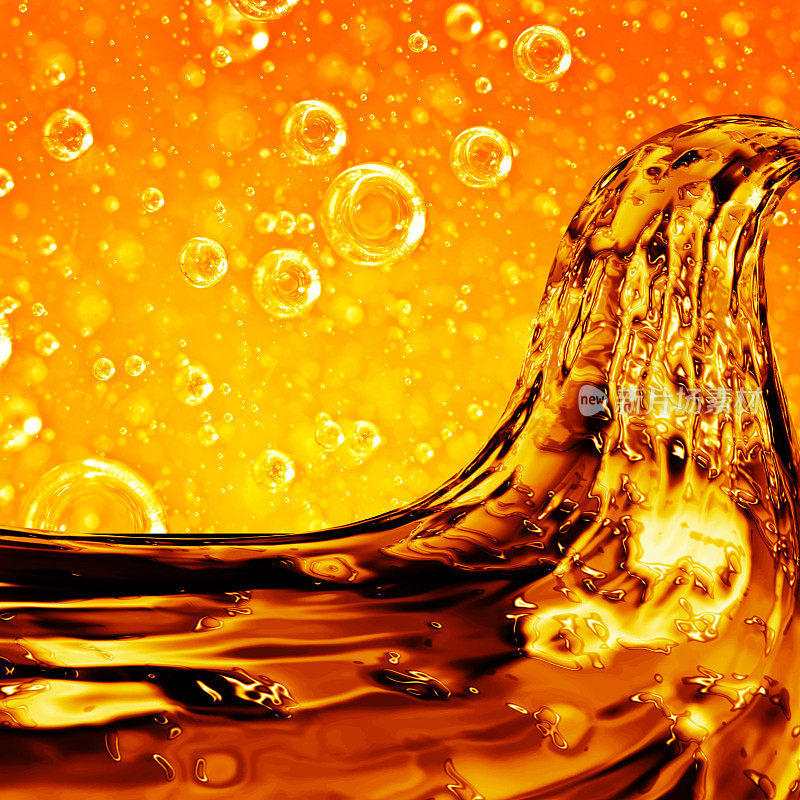 液体波浪金色，为项目，油，蜂蜜，啤酒或其他油泡的变种背景。
