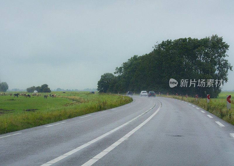 潮湿天气下弯曲的乡村道路