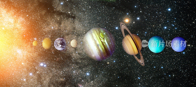 太阳系的行星。太阳、水星、金星、地球、火星、木星、土星、天王星、海王星