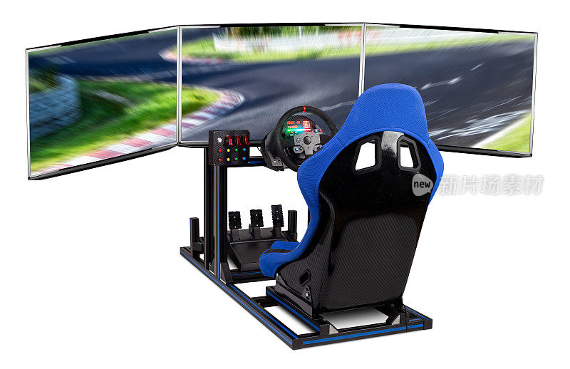 DIY模拟铝赛车游戏模拟器钻机。蓝色赛车斗座方向盘踏板和三脚架屏幕显示器设置孤立的白色背景