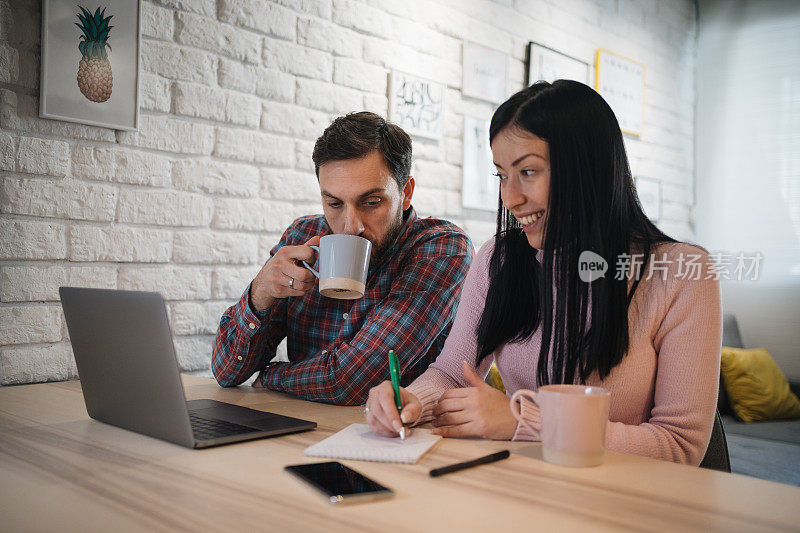 一对可爱的年轻夫妇用他们的笔记本电脑做家庭预算