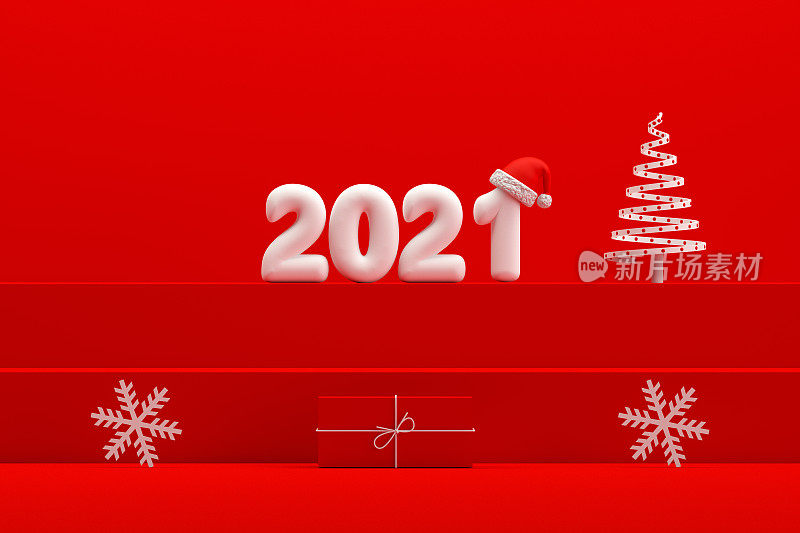 圣诞2021新年概念，红色背景，楼梯站讲台