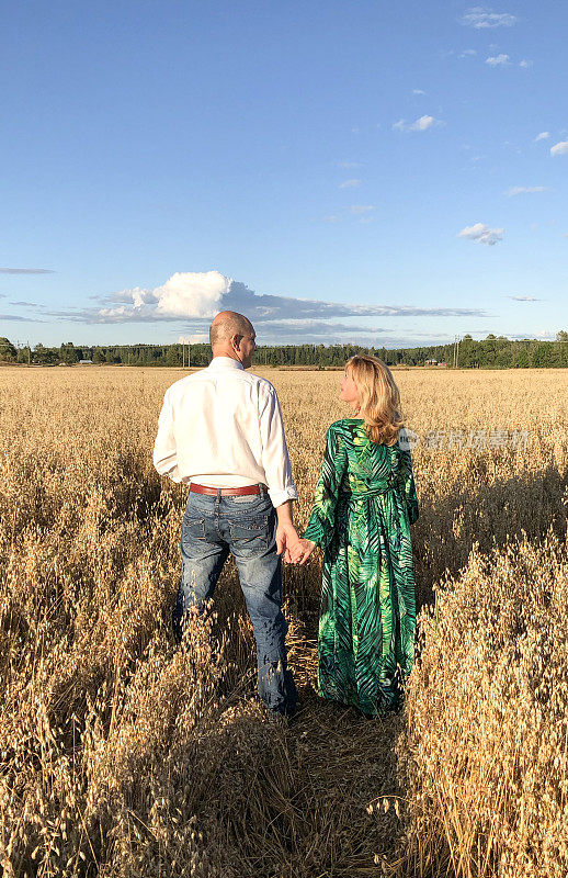 一男一女，一对白人夫妇站在燕麦地里。庆祝结婚周年纪念日。在城外的燕麦地里野餐。
