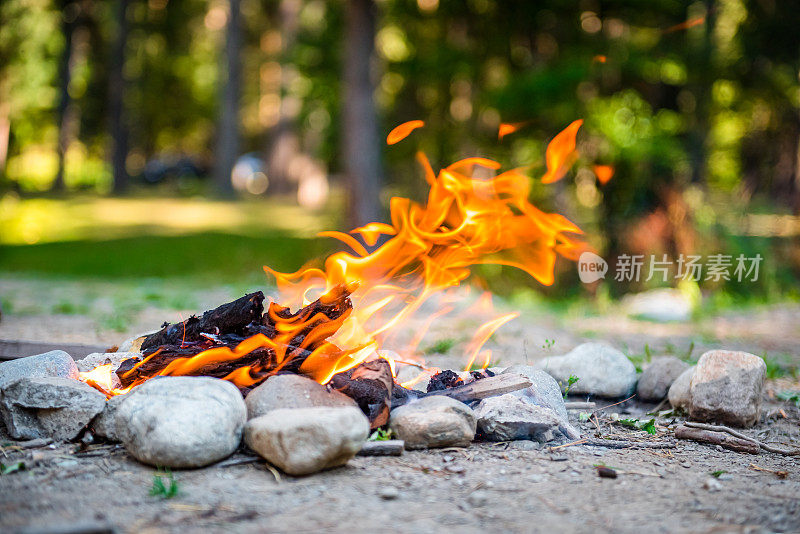 夜晚燃烧森林。在山中户外的旅游营地里营火。火焰和火焰火花在黑暗的抽象背景。我们正在准备户外烧烤。地狱之火。燃料、动力和能源。篝火在森林的水边