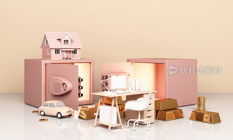 考虑到家庭，汽车和工作与一个开放的保险箱和粉红色粉彩的金条的概念，生活3D渲染