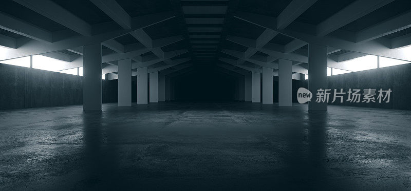 宇宙飞船科幻混凝土粗糙水泥车库隧道走廊仓库展厅地下未来现代背景3D渲染