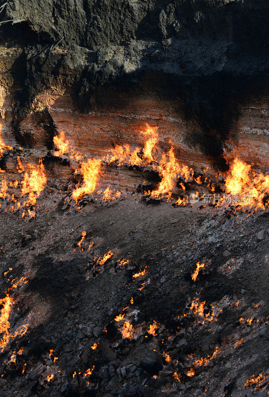 火在达瓦扎气体火山口的墙壁上，也被称为地狱之门-卡拉库姆沙漠北部达瓦扎，达舒古兹省，土库曼斯坦