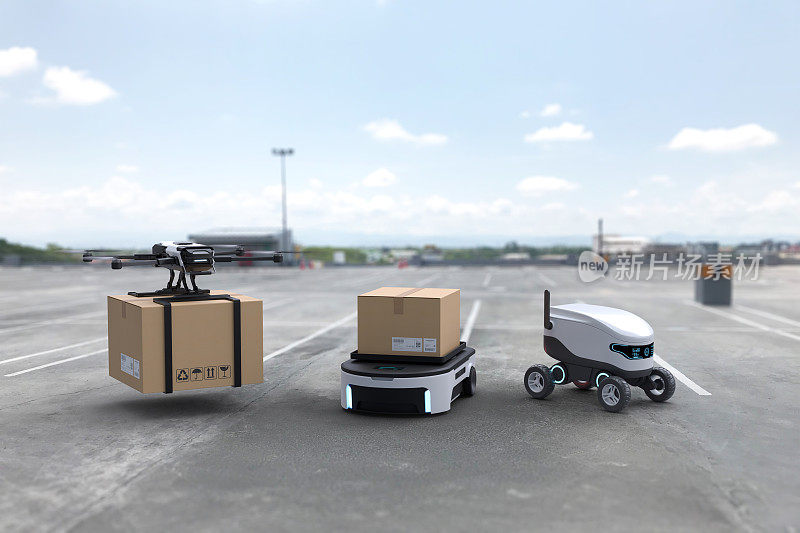 自动送货机器人，自动驾驶机器人，送货无人机，商务空运概念。