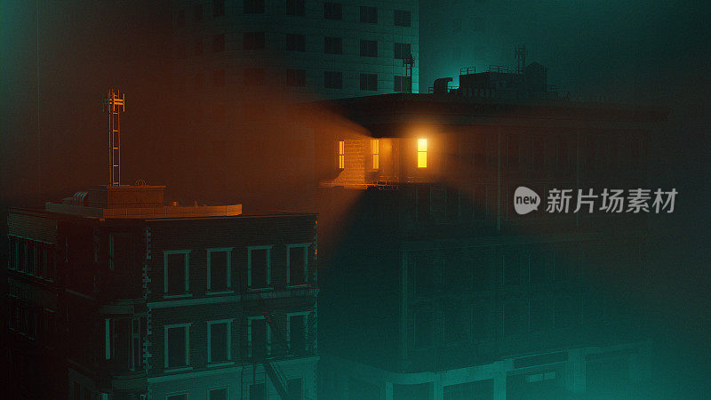 夜晚，电灯照亮了黑暗城市中的公寓