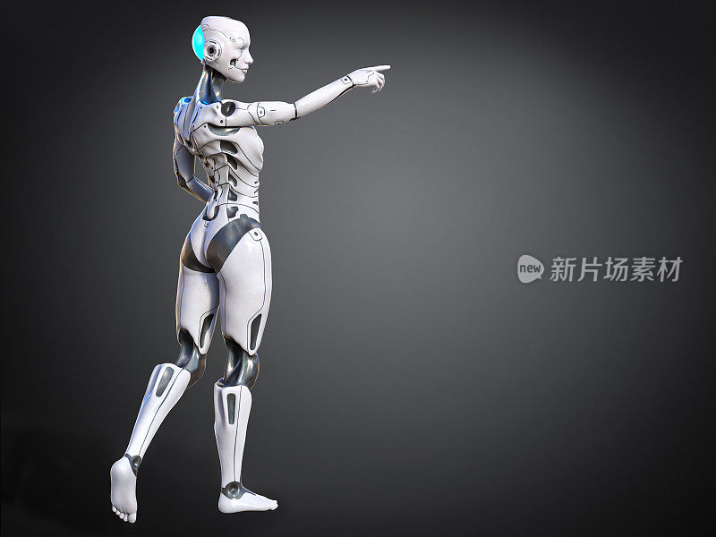 3D渲染的女性机器人指向灰色背景。