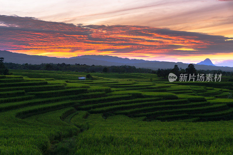 日落或日出的柔和光线突出了山峰，并产生了戏剧性的阴影