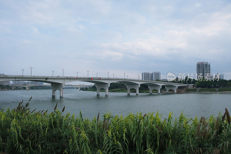 中国广西南宁市。桃园桥横跨永河。南宁城市