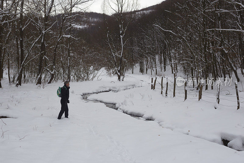 快乐的成年人徒步旅行在下雪的冬天大自然旁边流动的小溪在森林里