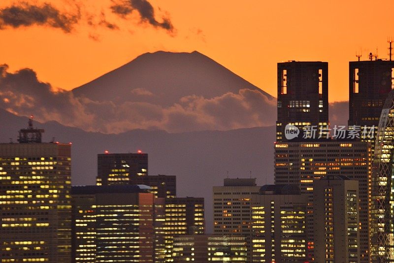 富士山和东京的天际线:白天和黑夜