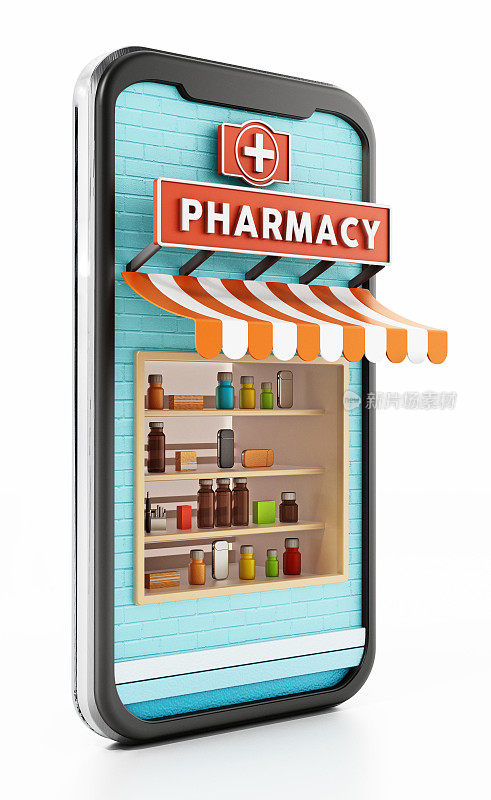 智能手机屏幕内的药店标识、货架和药物