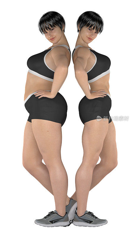 女性，站着，展示减肥前后，在白色背景上