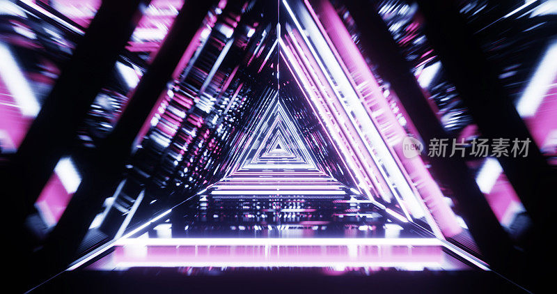 抽象的未来主义三角形走廊，荧光紫外线，彩色激光霓虹线，几何无尽的隧道，蓝粉色光谱
