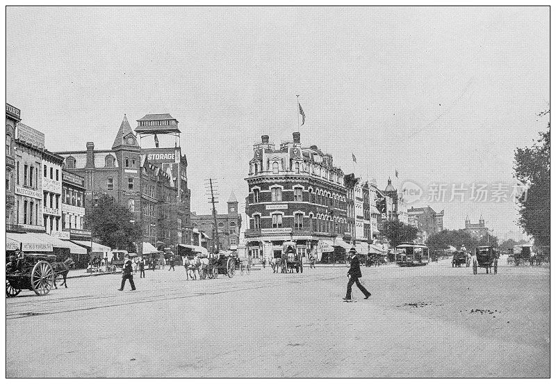 美国华盛顿的古董黑白照片:宾夕法尼亚大道和D街